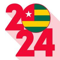 Happy New Year 2024, long shadow banner with Togo flag inside. Vector illustration.