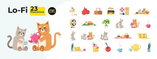 Tea party childish cute animals cartoon flat illustration bundle. Rabbits, kittens drinking tea, picnic desserts 2D characters, objects isolated on white background. Vector color image collection