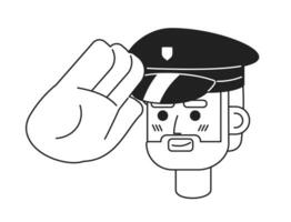 Caucasian policeman saluting black and white 2D vector avatar illustration. Authority police officer european male outline cartoon character face isolated. Cop man flat user profile image, portrait