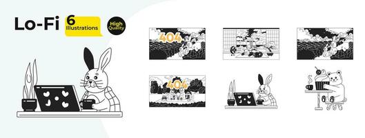 Kawaii cute black and white lofi wallpapers bundle. Bear cupcake, panda sleeping, rabbits field, picnic party 2D outline characters cartoon flat illustration collection. Vector line lo fi backgrounds