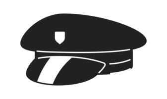 Policeman hat black and white 2D cartoon object. Uniform police officer accessory isolated vector outline item. Security. Law enforcement uniform cap headwear monochromatic flat spot illustration