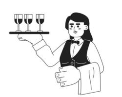 Caucasian young adult woman wine server black and white 2D cartoon character. European waitress tray isolated vector outline person. Hostess with wine glasses monochromatic flat spot illustration