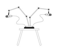 Two microphones stands on coffee table black and white 2D cartoon object. Broadcast technology isolated vector outline item. Podcasting studio. Mic stand desk monochromatic flat spot illustration