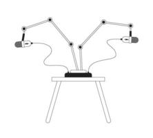 Two microphones stands on coffee table black and white 2D cartoon object. Broadcast technology isolated vector outline item. Podcasting studio. Mic stand desk monochromatic flat spot illustration