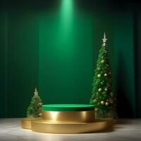 navidad-textura-roja-y-podio-sobre-y-bolas-doradas-arbol-verde-podio-dorado-tres-podio-pequeño en diciembre foto