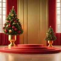 christmas-red-texture-and-podium-on-and-golden-balls-green-tree-golden-podium-three--small-podium on december photo