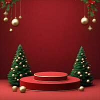 christmas-red-texture-and-podium-on-and-golden-balls-green-tree-golden-podium-three--small-podium on december photo