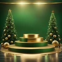 christmas-red-texture-and-podium-on-and-golden-balls-green-tree-golden-podium-three--small-podium on december photo