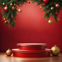 christmas-red-texture-and-podium-on-and-golden-balls-green-tree-golden-podium-three--small-podium on december photo