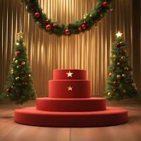 christmas-red-texture-and-podium-on-and-golden-balls-green-tree-golden-podium-three--small-podium on december photo