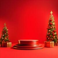 christmas-red-texture-and-podium-on-and-golden-balls-green-tree-golden-podium-three--small-podium on december photo