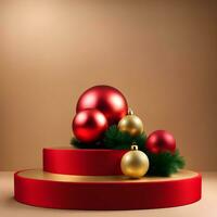 christmas-red-texture-and-podium-on-and-golden-balls-green-tree-golden-podium-three--small-podium on december photo