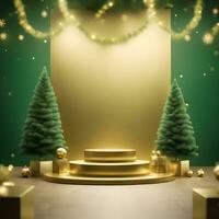 christmas-red-texture-and-podium-on-and-golden-balls-green-tree-golden-podium-three--small-podium on december photo