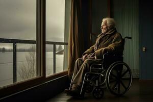 A man in a wheelchair sits against the window, lonely photo