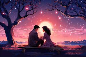 Romantic Couple lovers in park, under trees. Romantic date night under the stars. Valentines Day photo