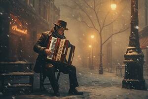 retro ilustración, hombre jugando un antiguo acordeón en el calle nuevo años día foto