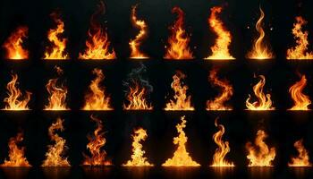 Fire flame effect illustration collection on black background, ai generated photo