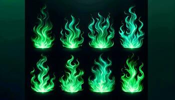 Green abstract fire flame illustration collection on black background, ai generated photo