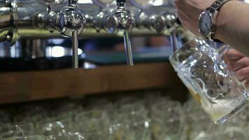 fechar-se do barman mão derramando uma lager Cerveja video