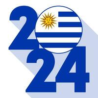 Happy New Year 2024, long shadow banner with Uruguay flag inside. Vector illustration.