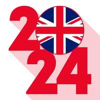 Happy New Year 2024, long shadow banner with UK flag inside. Vector illustration.