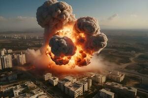 Aerial view of a big explosion in the Israel city with a large cloud of smoke Ai generated photo