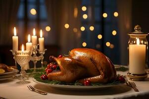 Thanksgiving dinner with roasted turkey and candles on table in dark room Ai generated photo