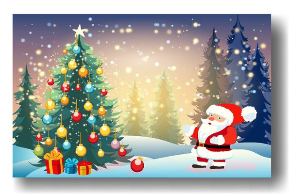 Beautiful Christmas and New Years background with decorated Christmas tree in fluffy snowdrifts against background of evening winter forest, falling snow and magical sky