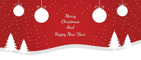 Christmas and Happy New Year greeting card background banner design with balls and tree vector