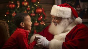 ai generative Children of different ethnicity meeting santa with a bokeh filled background photo