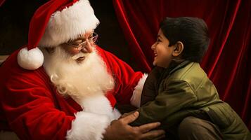 ai generative Children of different ethnicity meeting santa with a bokeh filled background photo