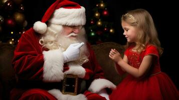 ai generative Children of different ethnicity meeting santa with a bokeh filled background photo