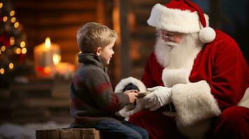 ai generative Children of different ethnicity meeting santa with a bokeh filled background photo