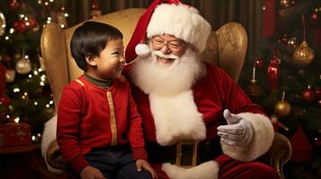 ai generative Children of different ethnicity meeting santa with a bokeh filled background photo
