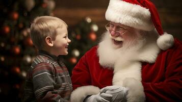 ai generative Children of different ethnicity meeting santa with a bokeh filled background photo