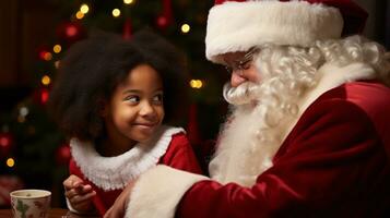 ai generativo niños de diferente etnia reunión Papa Noel con un bokeh lleno antecedentes foto