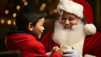 ai generative Children of different ethnicity meeting santa with a bokeh filled background photo