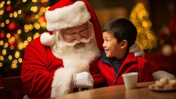 ai generative Children of different ethnicity meeting santa with a bokeh filled background photo
