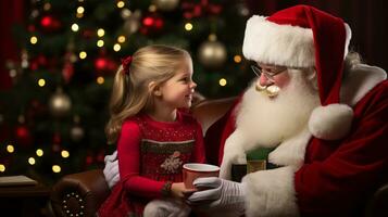 ai generative Children of different ethnicity meeting santa with a bokeh filled background photo