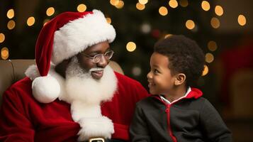 ai generativo niños de diferente etnia reunión Papa Noel con un bokeh lleno antecedentes foto