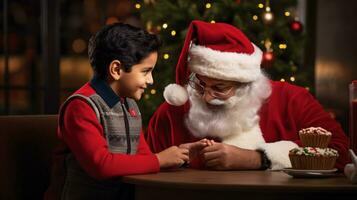 ai generative Children of different ethnicity meeting santa with a bokeh filled background photo