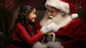 ai generative Children of different ethnicity meeting santa with a bokeh filled background photo