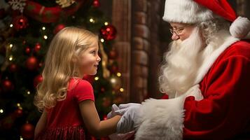 ai generative Children of different ethnicity meeting santa with a bokeh filled background photo