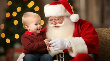 ai generativo niños de diferente etnia reunión Papa Noel con un bokeh lleno antecedentes foto