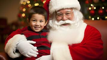 ai generative Children of different ethnicity meeting santa with a bokeh filled background photo