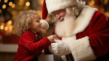 ai generative Children of different ethnicity meeting santa with a bokeh filled background photo