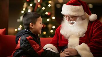 ai generative Children of different ethnicity meeting santa with a bokeh filled background photo