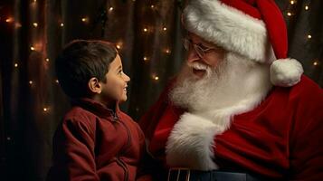 ai generative Children of different ethnicity meeting santa with a bokeh filled background photo