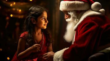 ai generative Children of different ethnicity meeting santa with a bokeh filled background photo