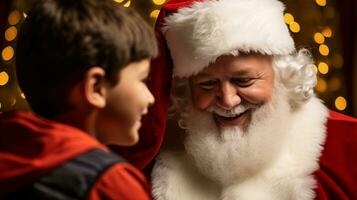 ai generative Children of different ethnicity meeting santa with a bokeh filled background photo